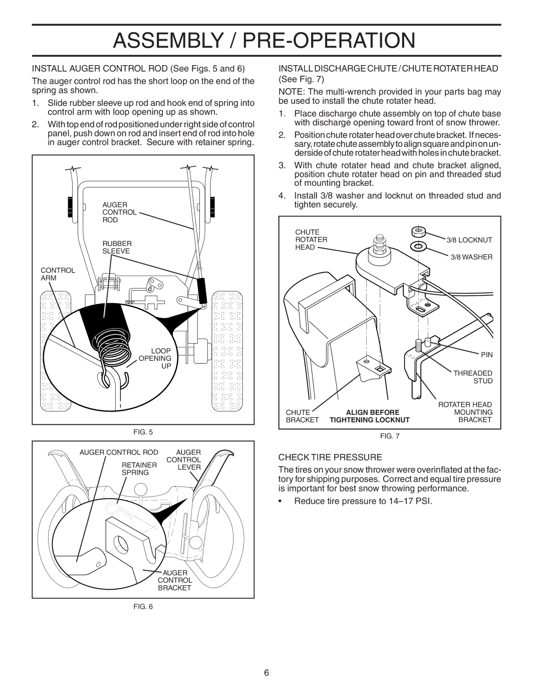 Poulan B8527ES owner manual Install Auger Control ROD See Figs, Install Discharge Chute / Chute Rotater Head See Fig 