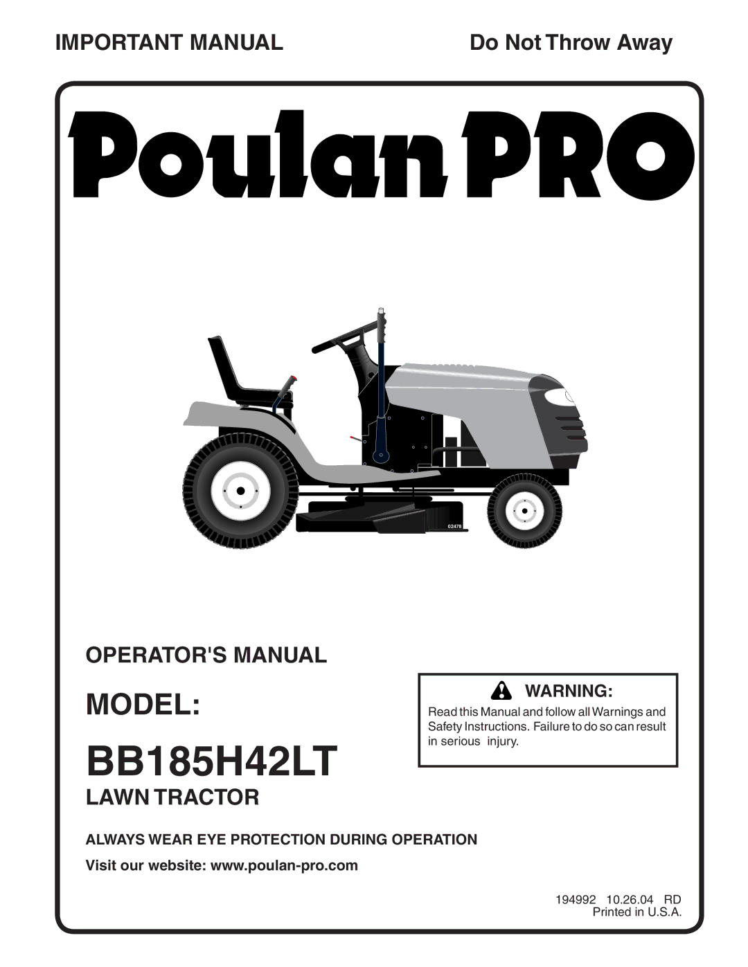 Poulan BB185H42LT manual Always Wear EYE Protection During Operation 