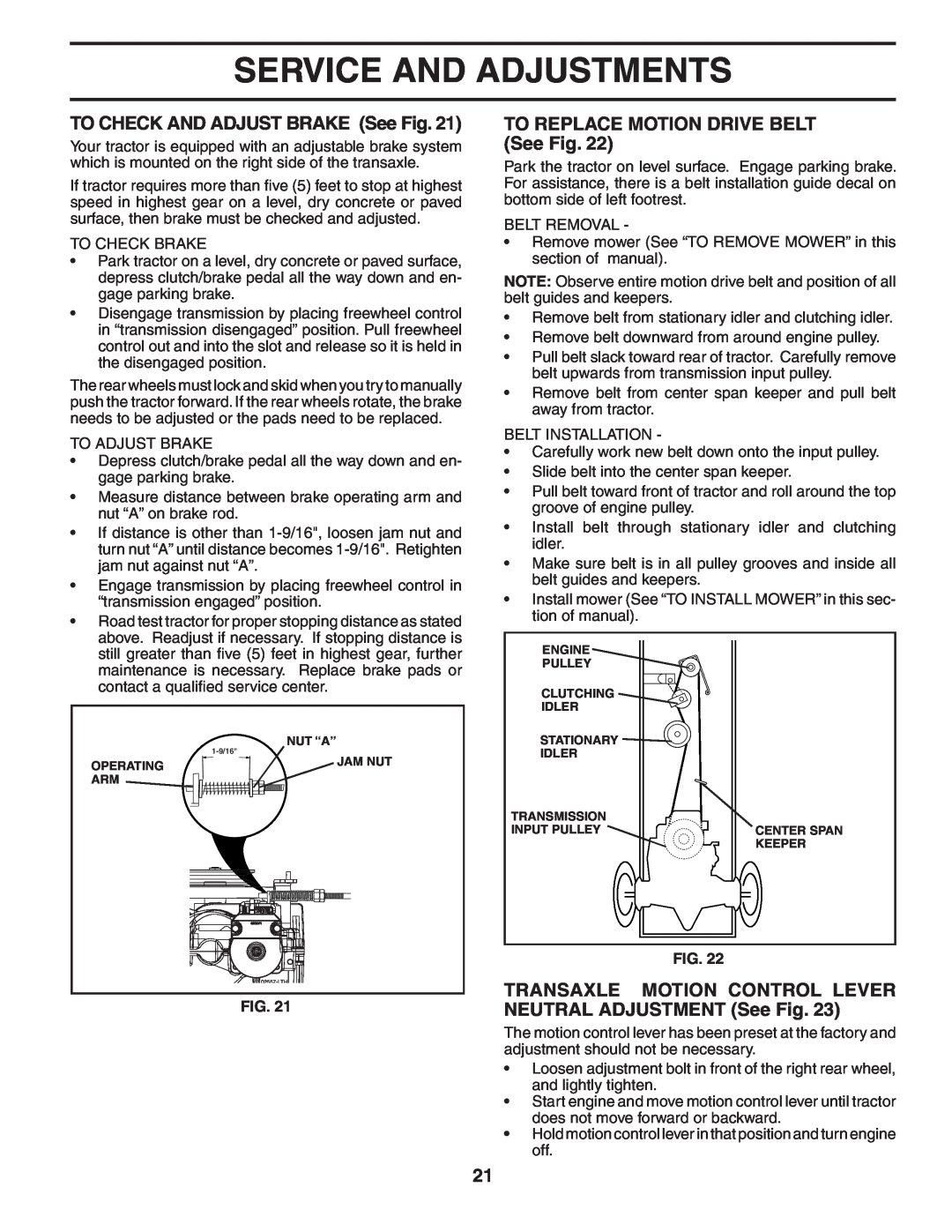 Poulan BB185H42LT manual TO CHECK AND ADJUST BRAKE See Fig, TO REPLACE MOTION DRIVE BELT See Fig, Service And Adjustments 