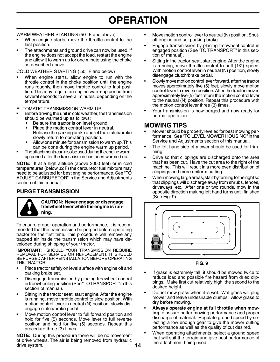 Poulan BB185H42YT manual Mowing Tips, Purge Transmission, Automatic Transmission Warm UP 