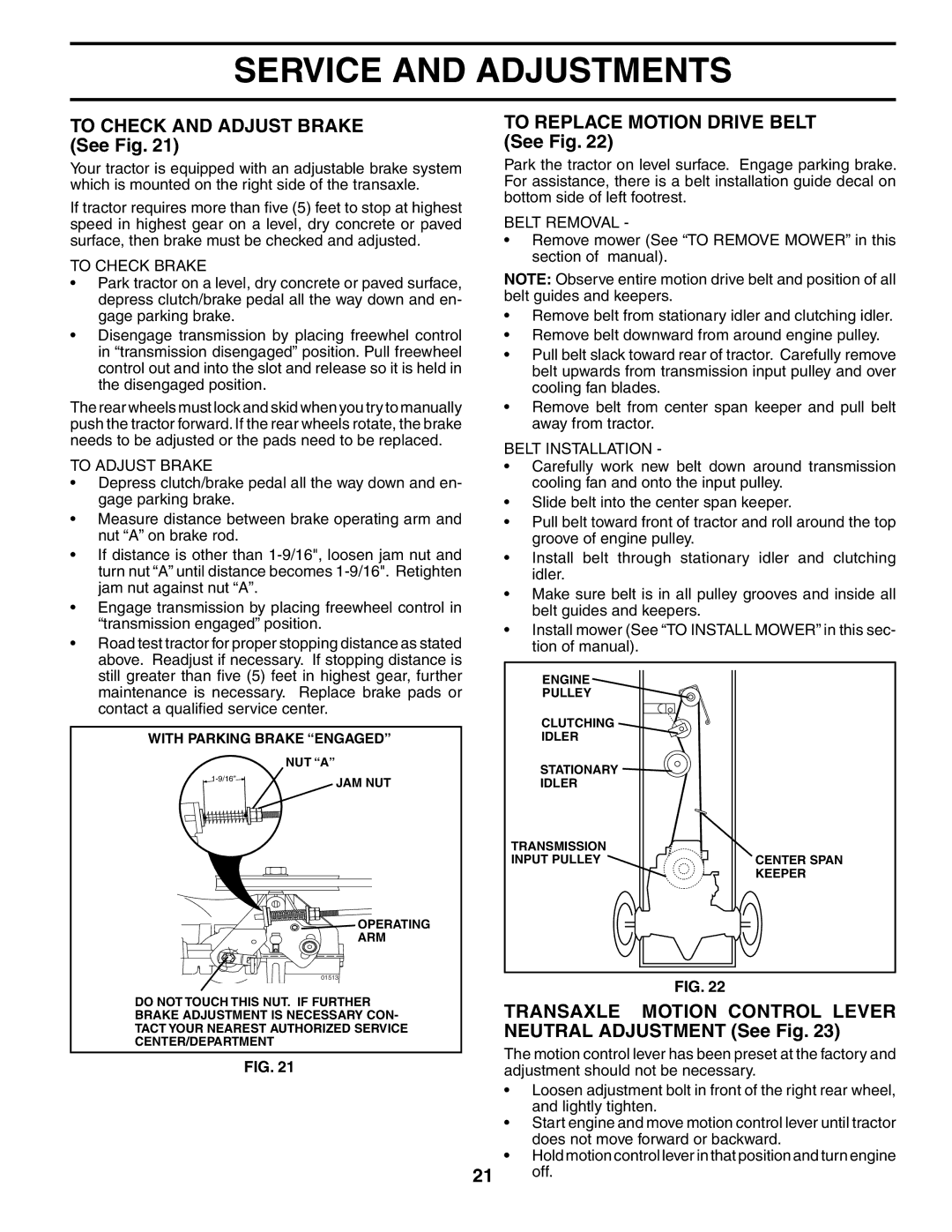 Poulan BB185H42YT To Check and Adjust Brake See Fig, To Replace Motion Drive Belt See Fig, To Check Brake, To Adjust Brake 