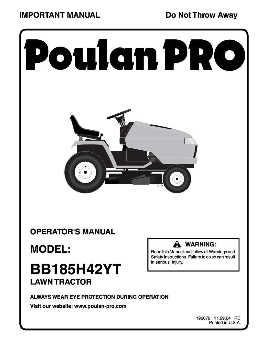 Poulan BB185H42YT manual Model, Important Manual, Operators Manual, Lawn Tractor, Do Not Throw Away, 02139 