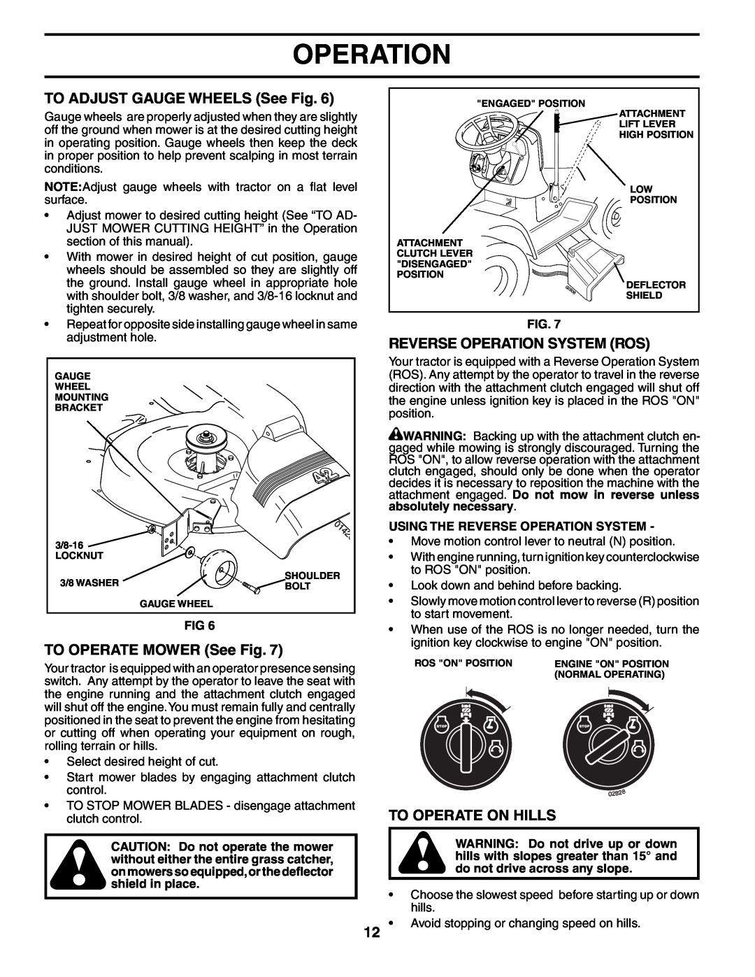 Poulan BB185H42YT manual TO ADJUST GAUGE WHEELS See Fig, TO OPERATE MOWER See Fig, Reverse Operation System Ros 