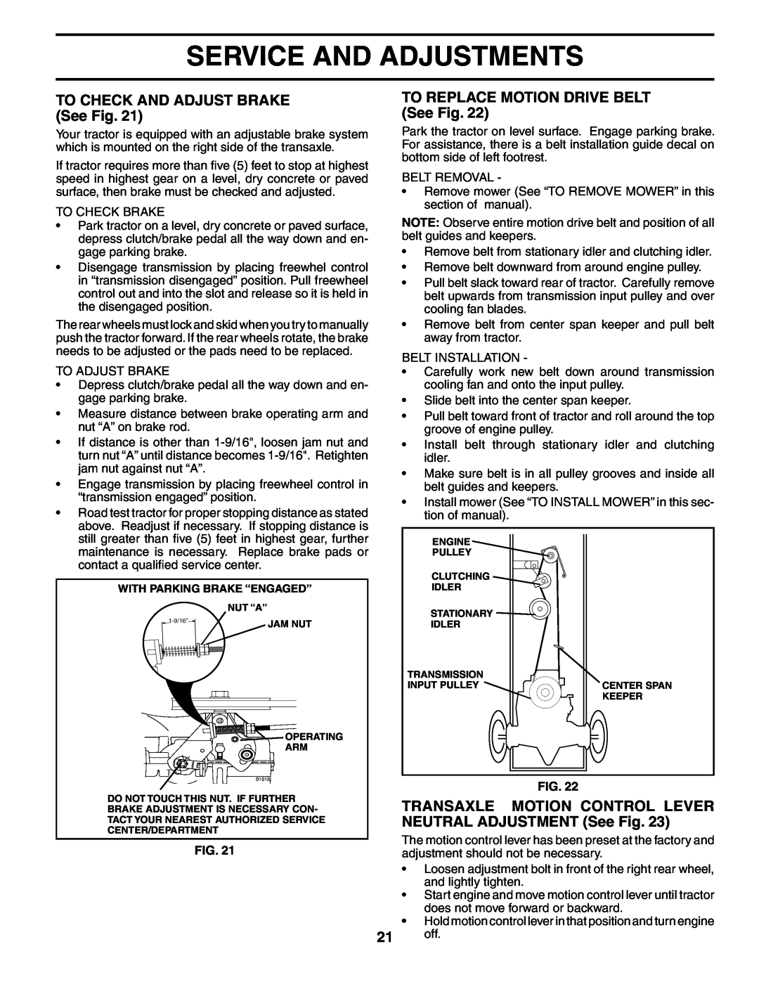 Poulan BB185H42YT manual TO CHECK AND ADJUST BRAKE See Fig, TO REPLACE MOTION DRIVE BELT See Fig, Service And Adjustments 