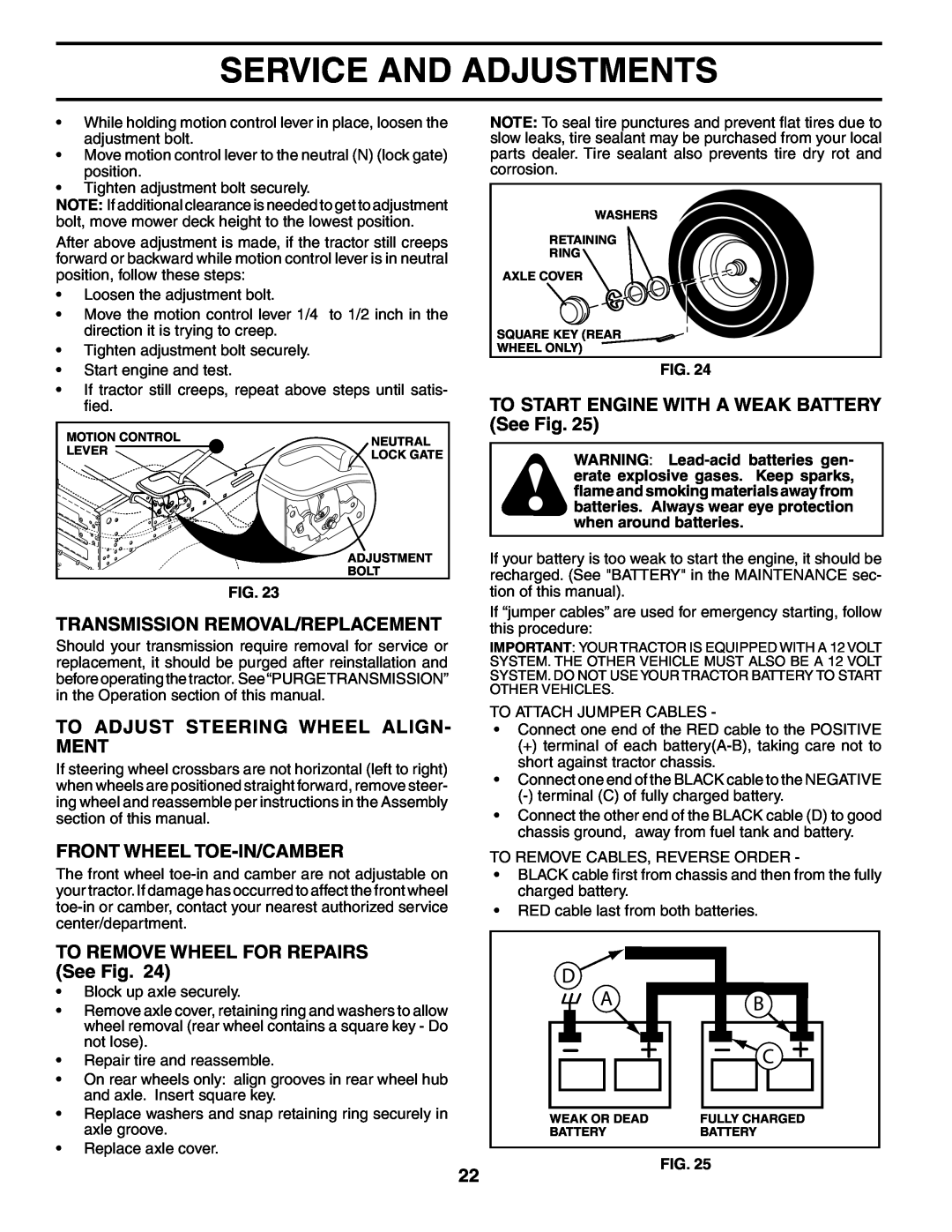 Poulan BB185H42YT manual Transmission Removal/Replacement, To Adjust Steering Wheel Align- Ment, Front Wheel Toe-In/Camber 