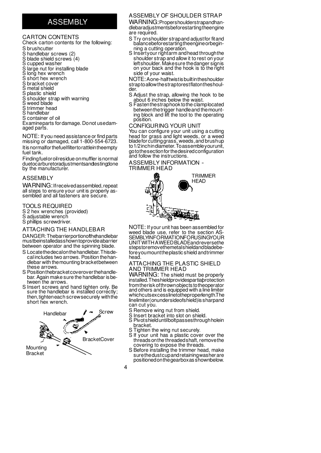 Poulan BC2400 Carton Contents, Assembly Tools Required, Attaching the Handlebar, Assembly of Shoulder Strap 