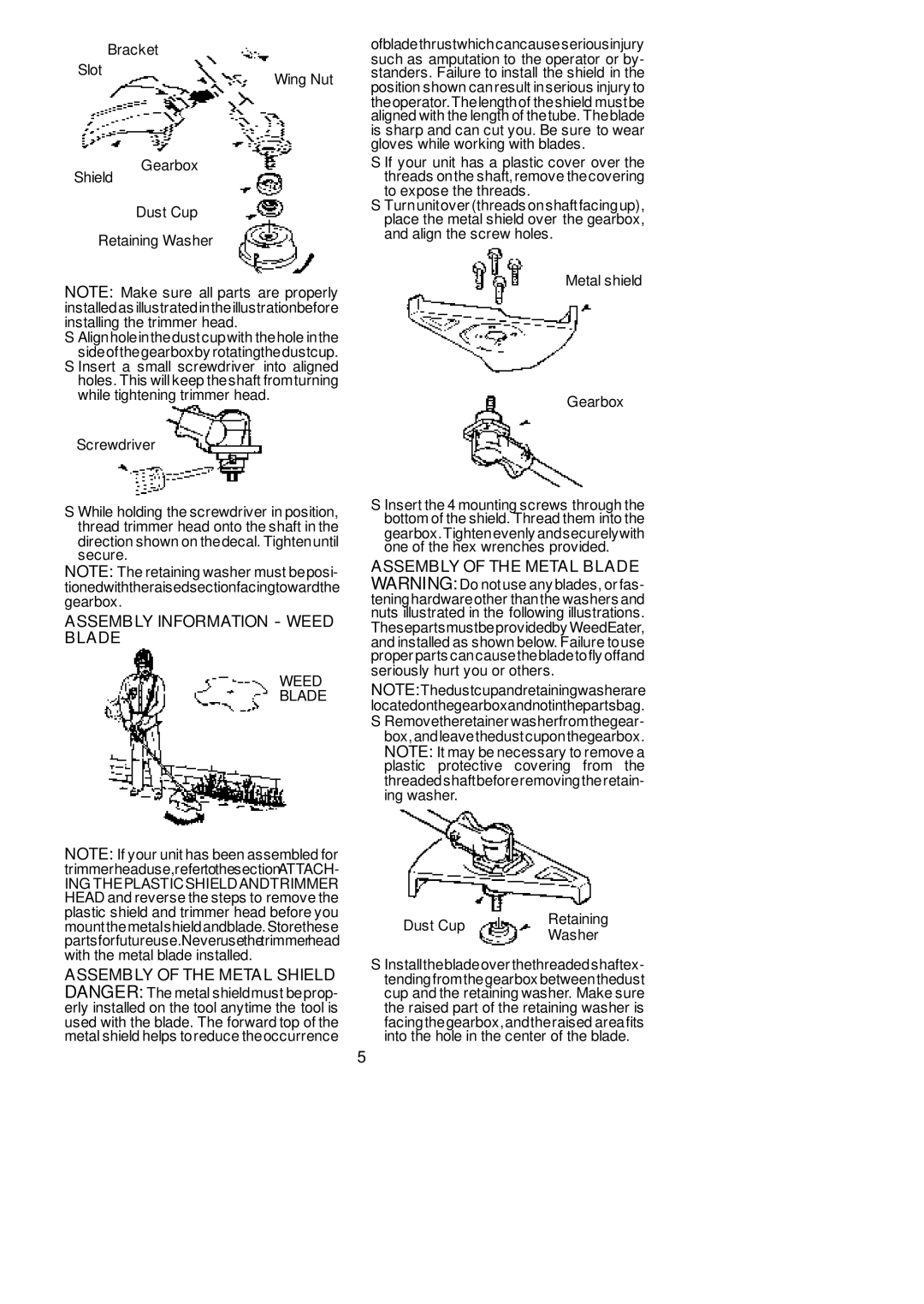 Poulan BC2400 Assembly Information Weed Blade, Assembly of the Metal Shield, Assembly of the Metal Blade 