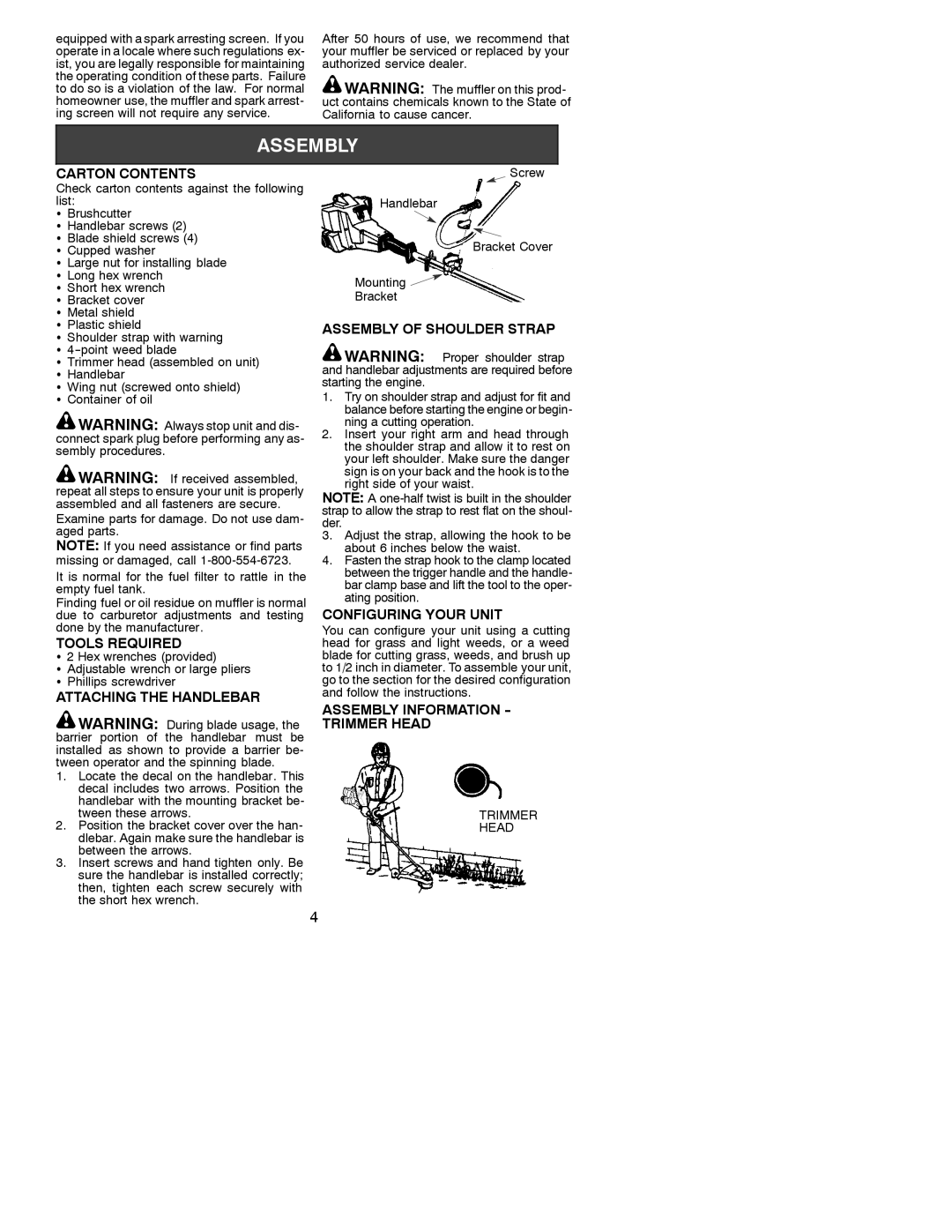 Poulan BC2500 LE instruction manual Carton Contents, Tools Required, Attaching the Handlebar, Assembly of Shoulder Strap 