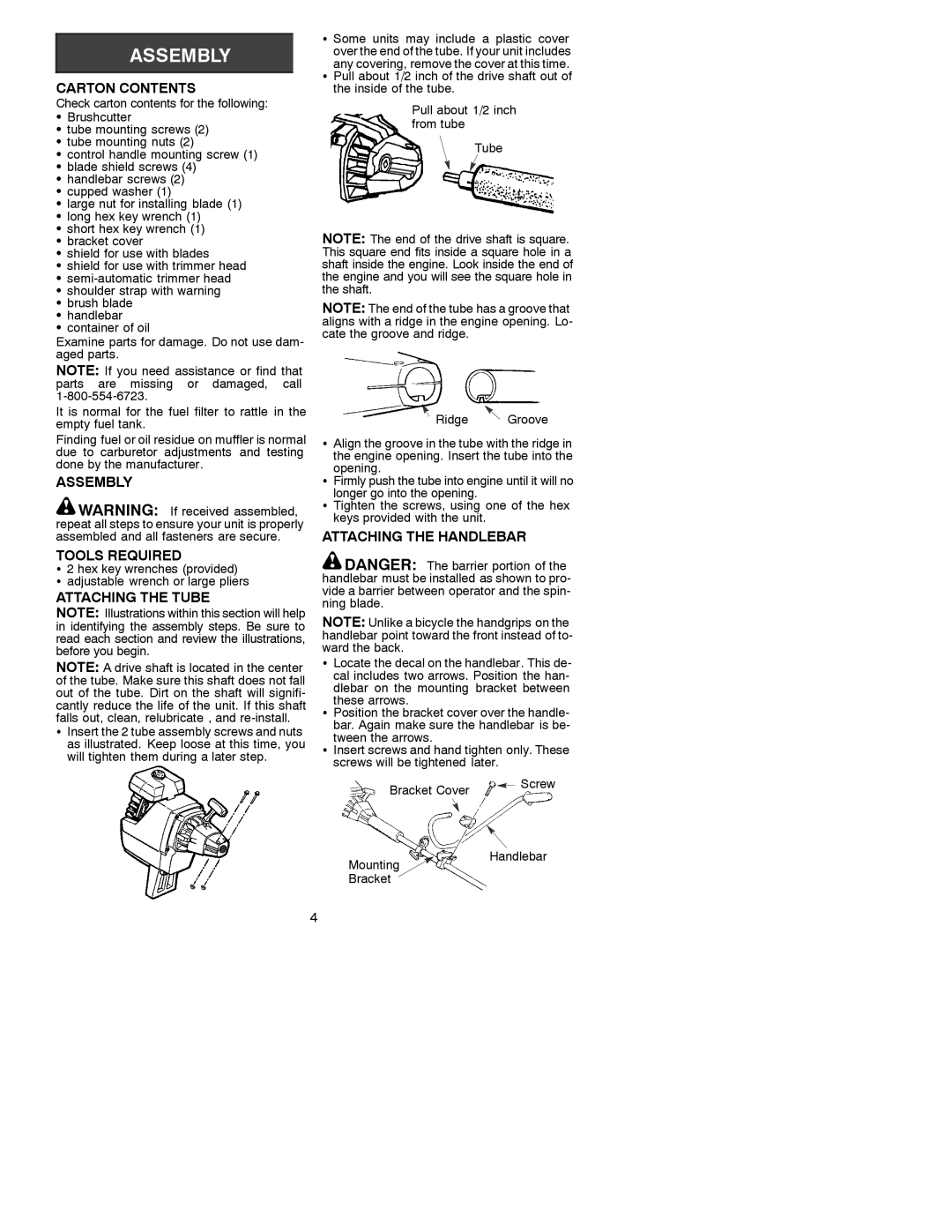 Poulan BC3100 operating instructions Carton Contents, Assembly Tools Required, Attaching the Tube, Attaching the Handlebar 