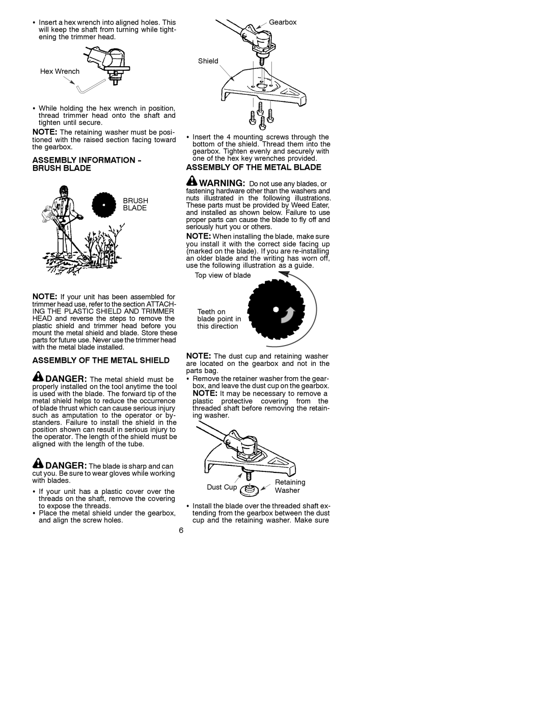 Poulan BC3100 Assembly Information Brush Blade, Assembly of the Metal Blade, Assembly of the Metal Shield 