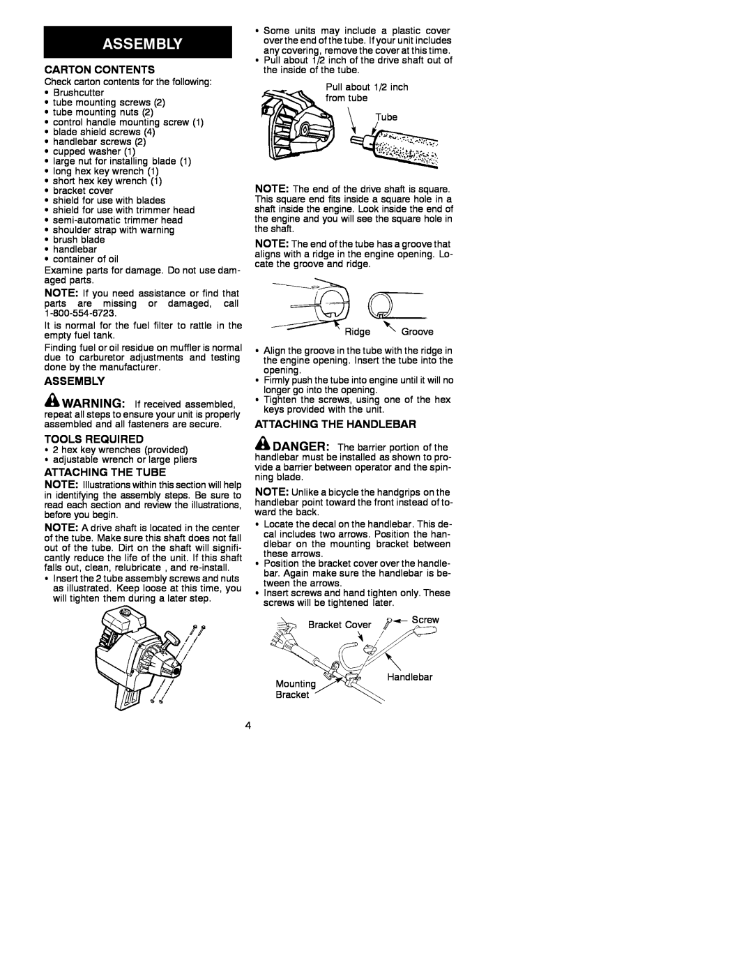 Poulan BC3100 operating instructions Carton Contents, Assembly, Tools Required, Attaching The Tube, Attaching The Handlebar 