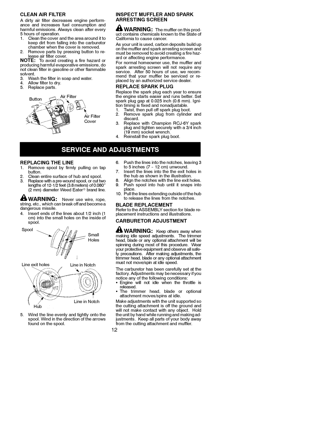 Poulan BC3150 instruction manual Service and Adjustments 