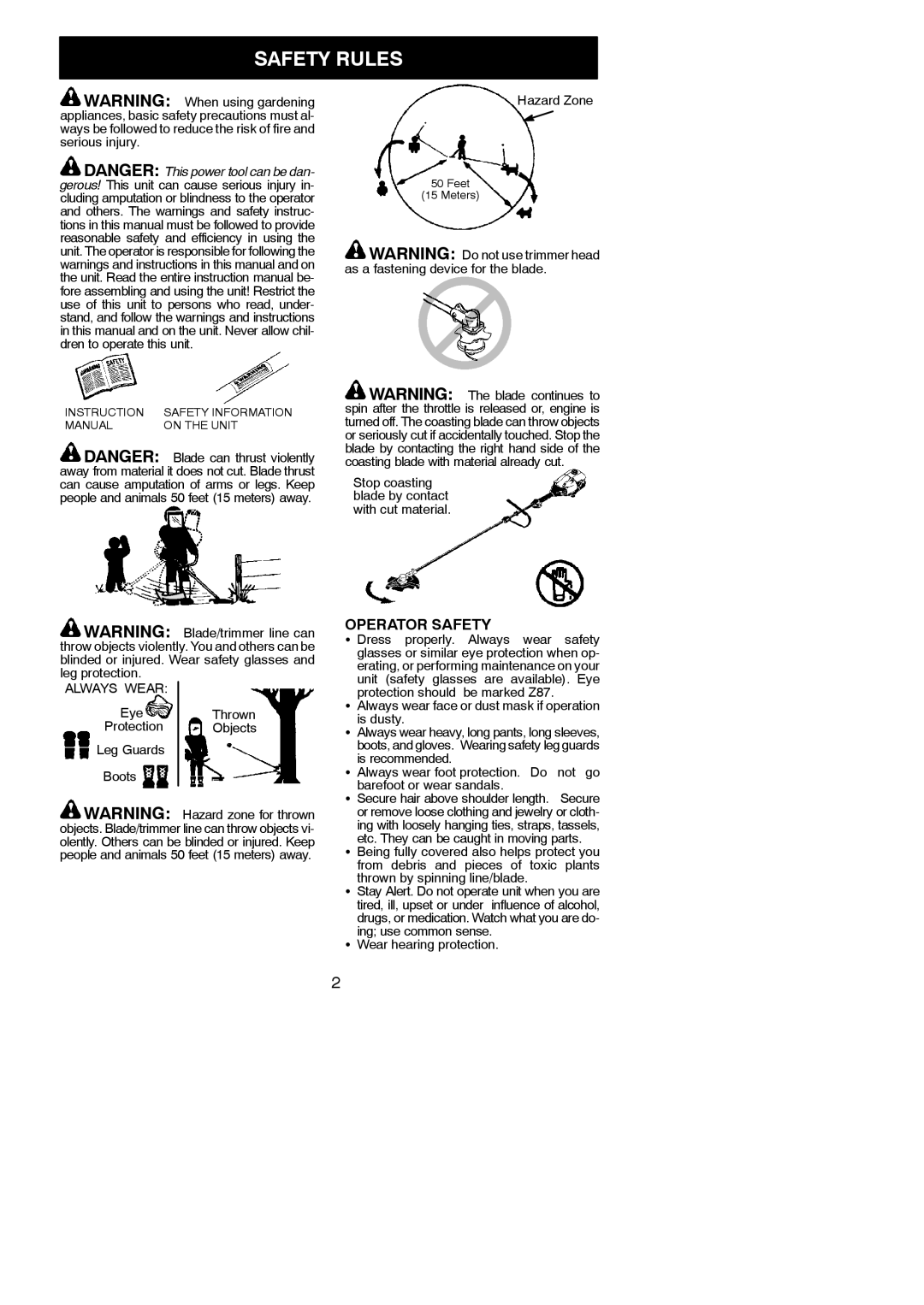 Poulan BC3150 instruction manual Safety Rules, Operator Safety, Hazard Zone, Leg protection, Wear hearing protection 