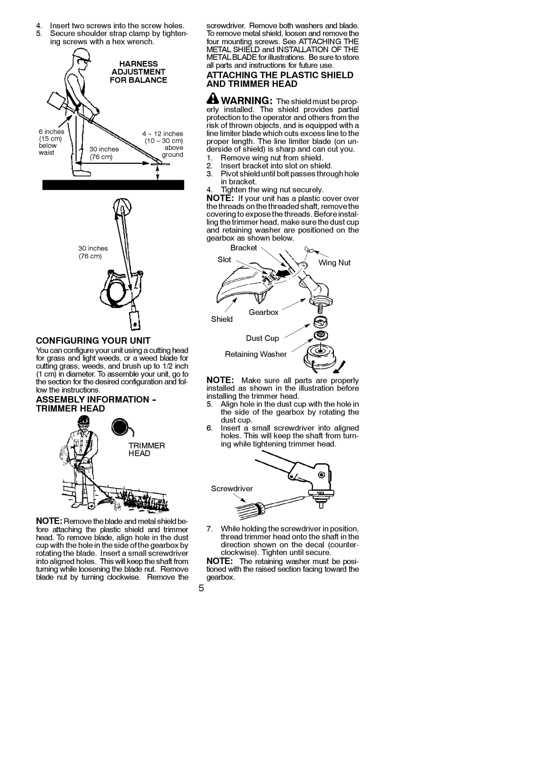 Poulan BC3150 Attaching the Plastic Shield and Trimmer Head, Configuring Your Unit, Assembly Information Trimmer Head 