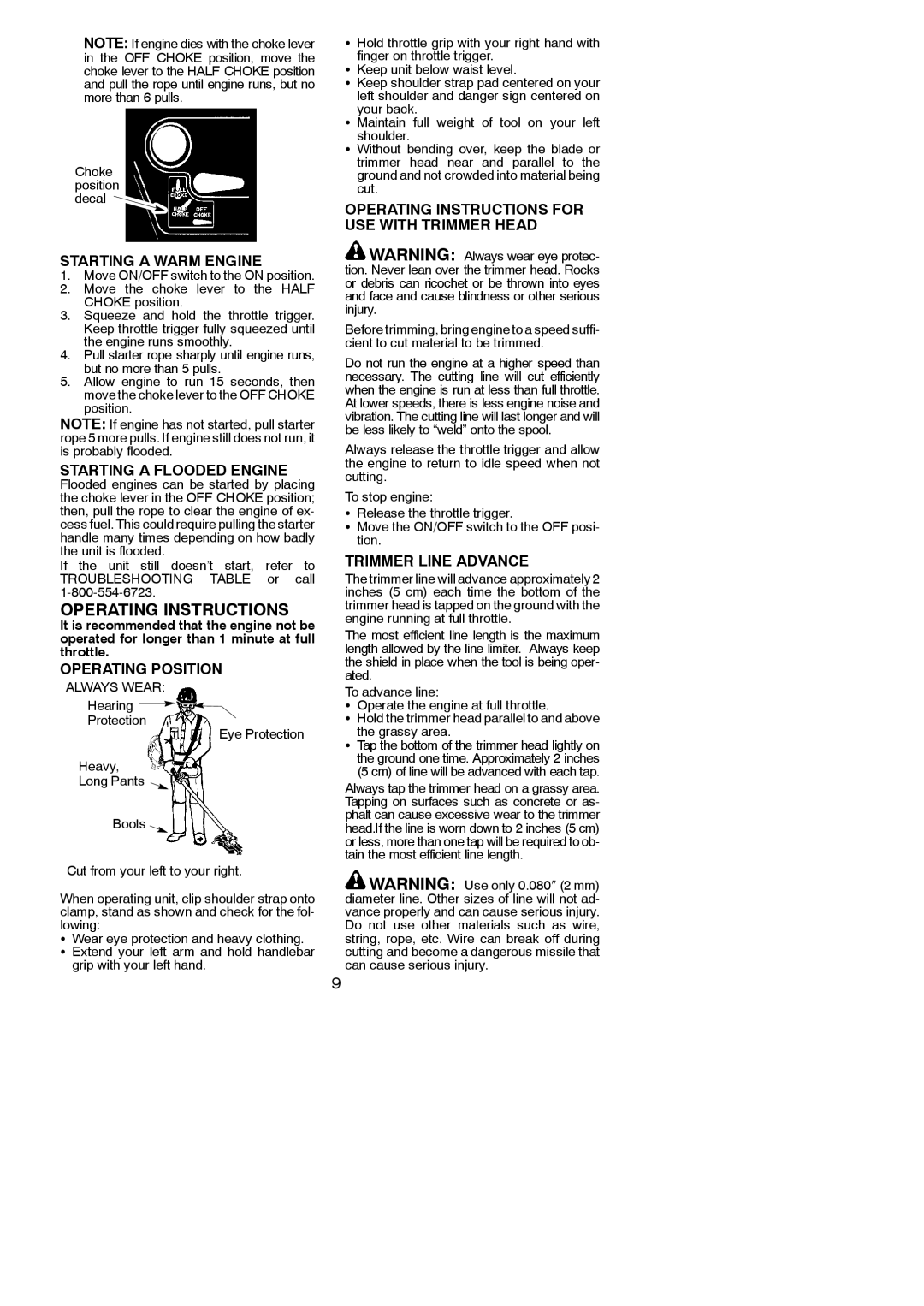 Poulan BC3150 Starting a Warm Engine, Starting a Flooded Engine, Operating Position, Trimmer Line Advance 