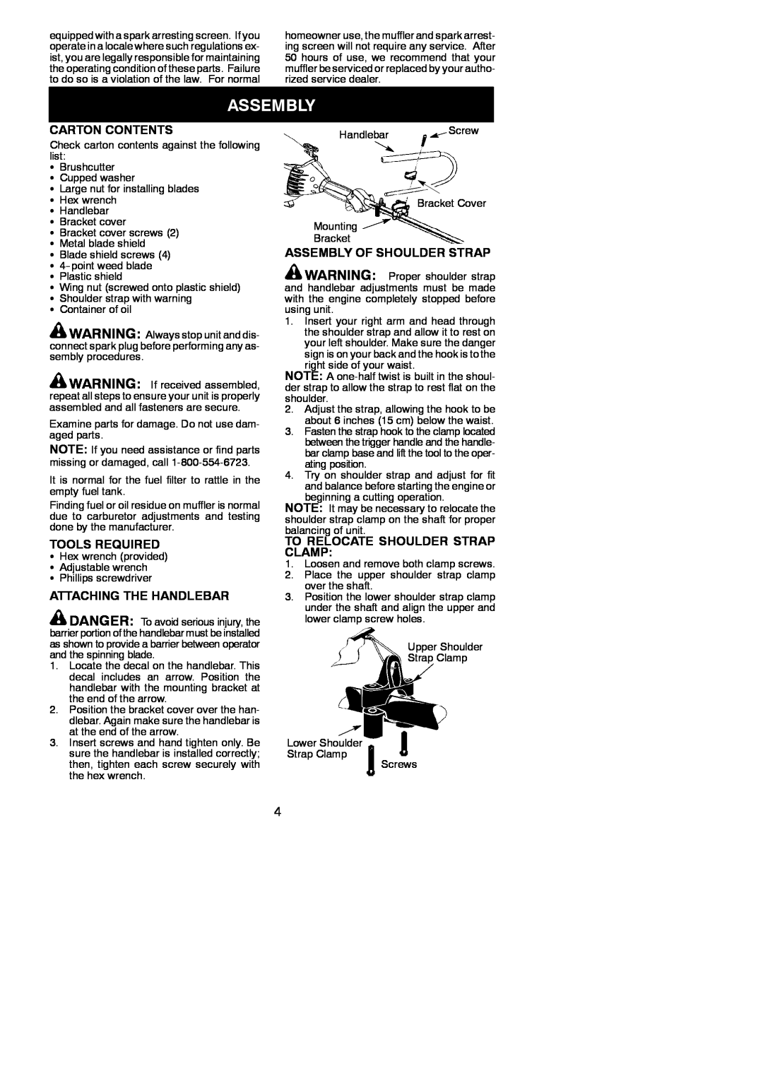Poulan BC3150 instruction manual Carton Contents, Tools Required, Attaching The Handlebar, Assembly Of Shoulder Strap 
