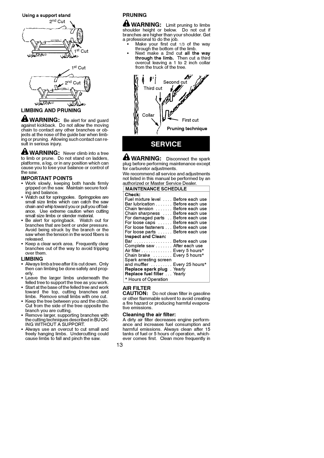 Poulan BH 2160 instruction manual Service, Limbing and Pruning Important Points, AIR Filter 