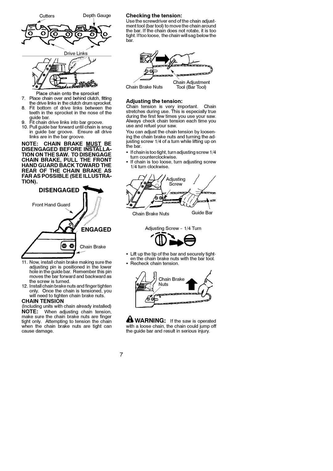 Poulan BH 2160 instruction manual Checking the tension, Chain Tension, Adjusting the tension 