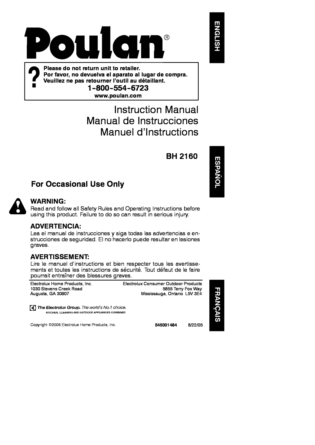 Poulan BH 2160 instruction manual English Español Français, Manuel d’Instructions, BH For Occasional Use Only, Advertencia 