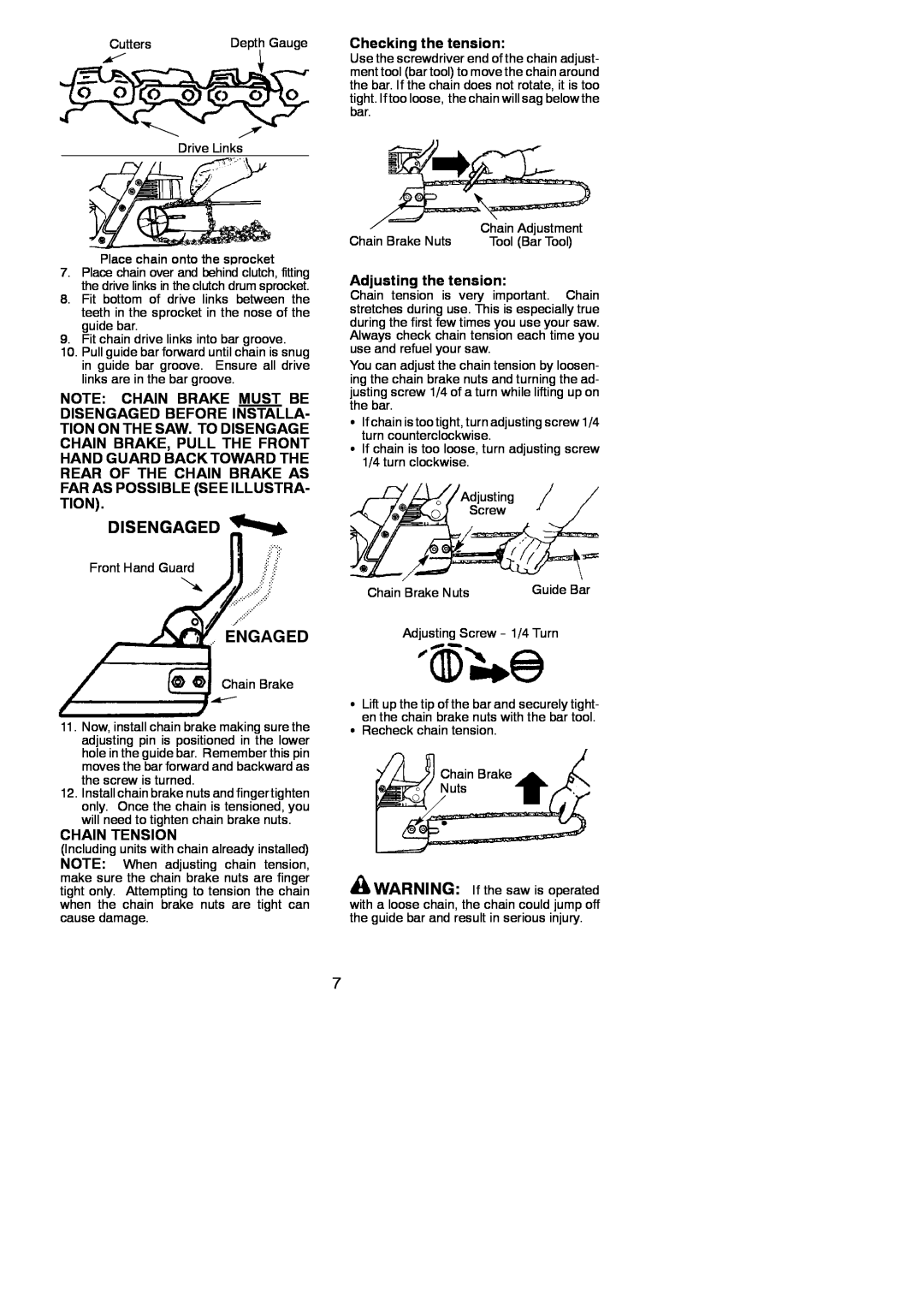 Poulan BH 2160 instruction manual Disengaged, Engaged, Checking the tension, Chain Tension, Adjusting the tension 