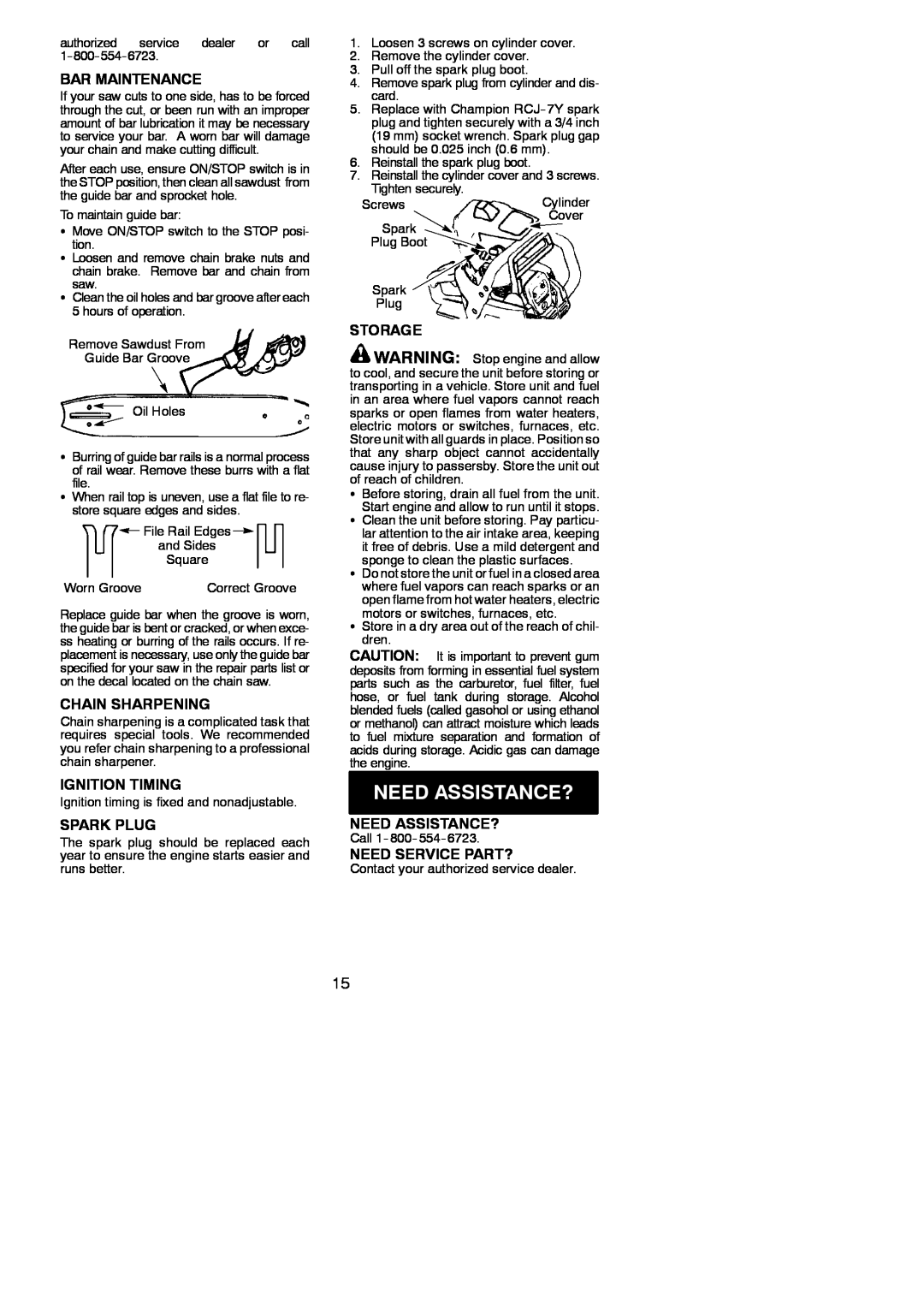 Poulan BH 2660 instruction manual Need Assistance?, Bar Maintenance, Chain Sharpening, Ignition Timing, Spark Plug, Storage 