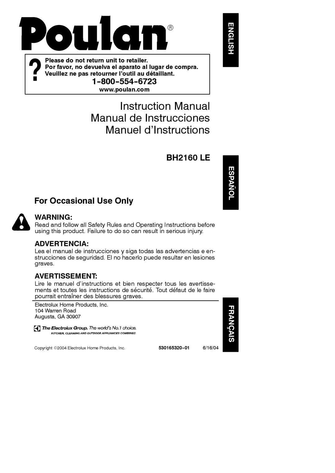 Poulan BH2160 LE instruction manual English Español Français, 16/04 