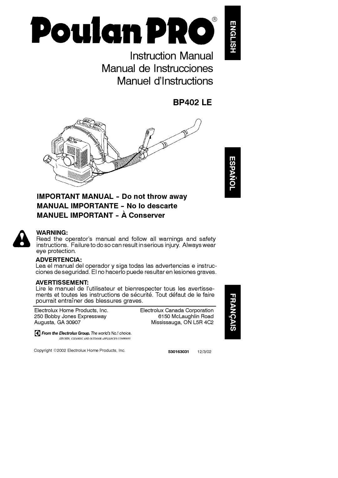 Poulan BP402 LE instruction manual 