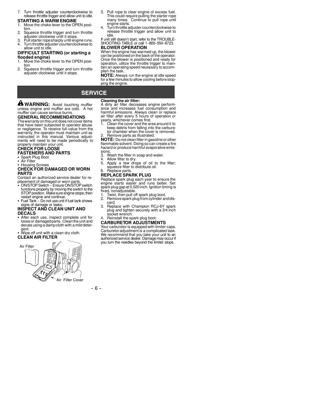 Poulan BP402 Starting a Warm Engine, Blower Operation, General Recommendations, Check for Loose Fasteners and Parts 