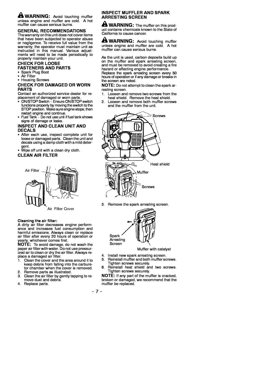 Poulan BP406 General Recommendations, Check For Loose Fasteners And Parts, Check For Damaged Or Worn Parts 