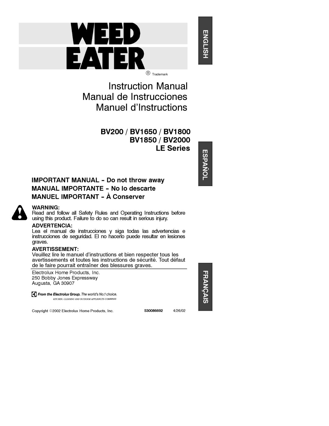 Poulan BV200, BV1650, BV1800, BV1850, BV2000, LE instruction manual Manual de Instrucciones Manuel d’Instructions 