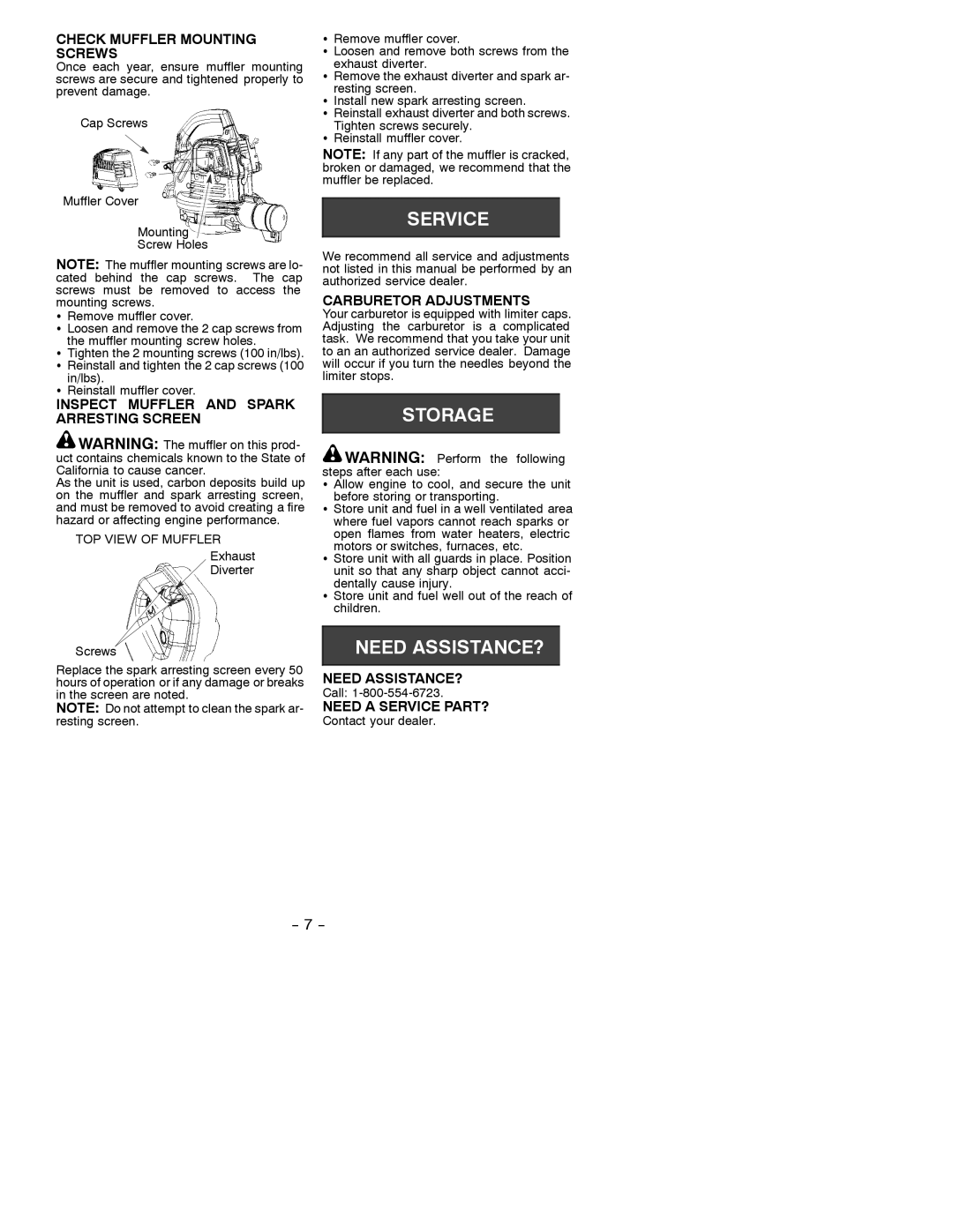 Poulan BV200, BV1650, BV1800, BV1850, BV2000, LE Check Muffler Mounting Screws, Inspect Muffler and Spark Arresting Screen 