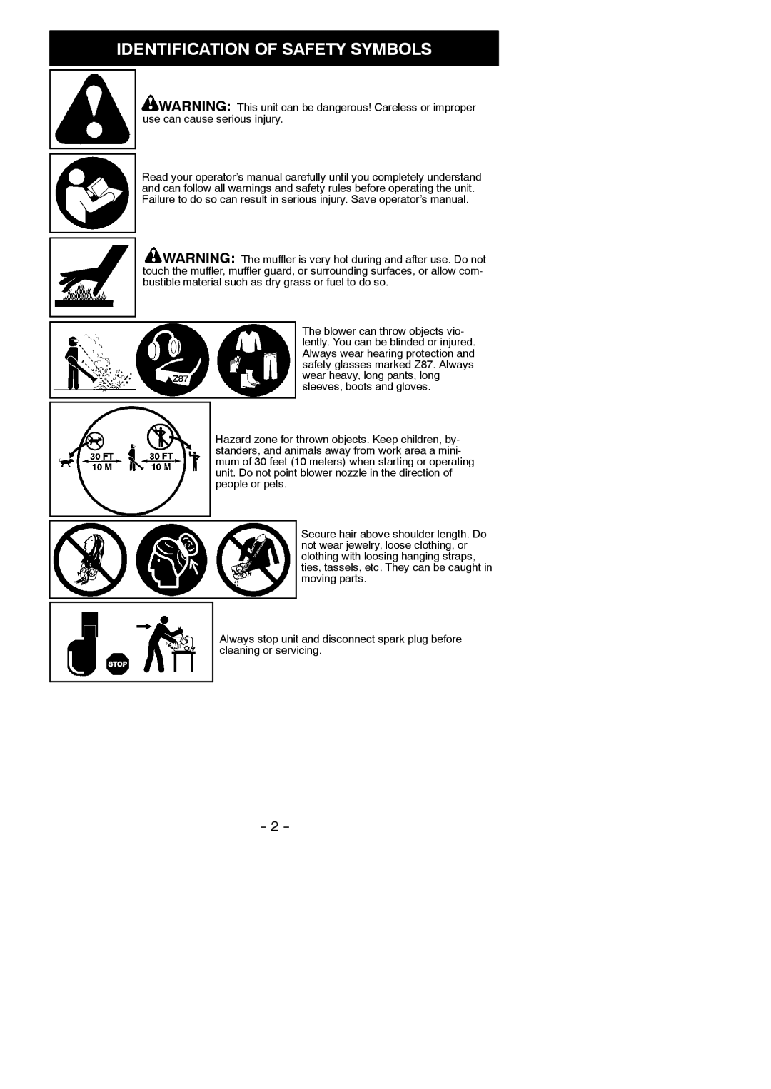 Poulan BVM200 LE instruction manual Identification of Safety Symbols 