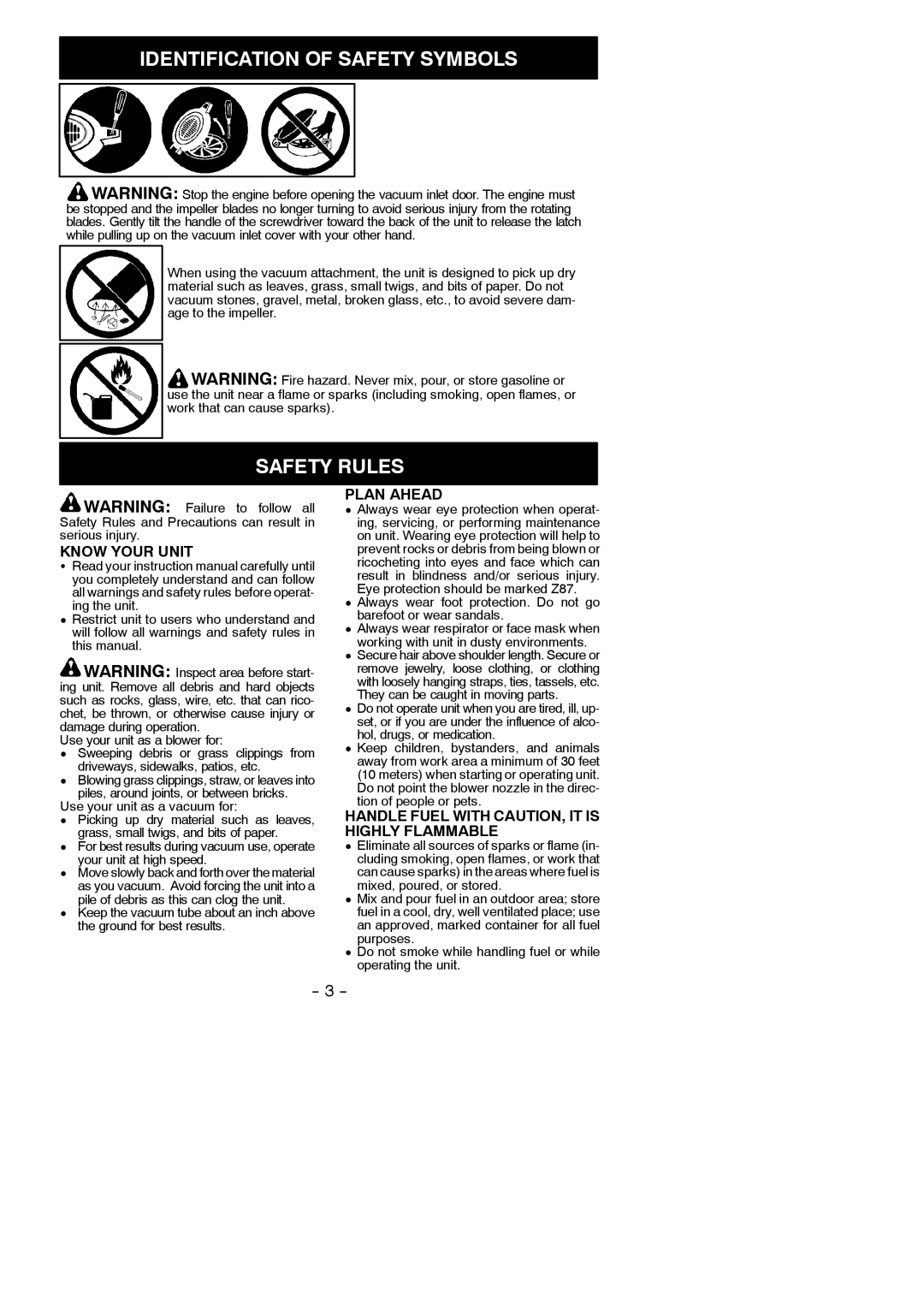 Poulan BVM200 LE Safety Rules, Know Your Unit, Plan Ahead, Handle Fuel with CAUTION, IT is Highly Flammable 