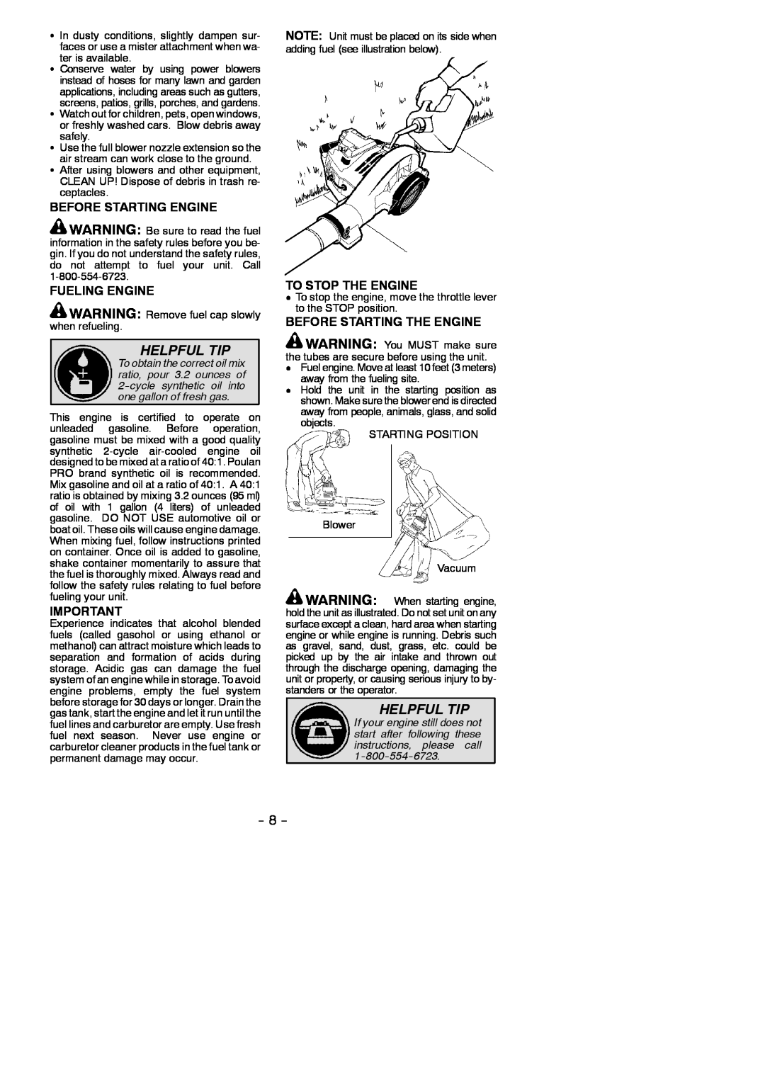 Poulan BVM200 LE Helpful Tip, Before Starting Engine, Fueling Engine, To Stop The Engine, Before Starting The Engine 