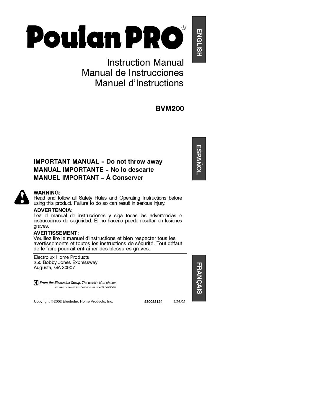 Poulan BVM200 instruction manual Manual de Instrucciones Manuel d’Instructions 