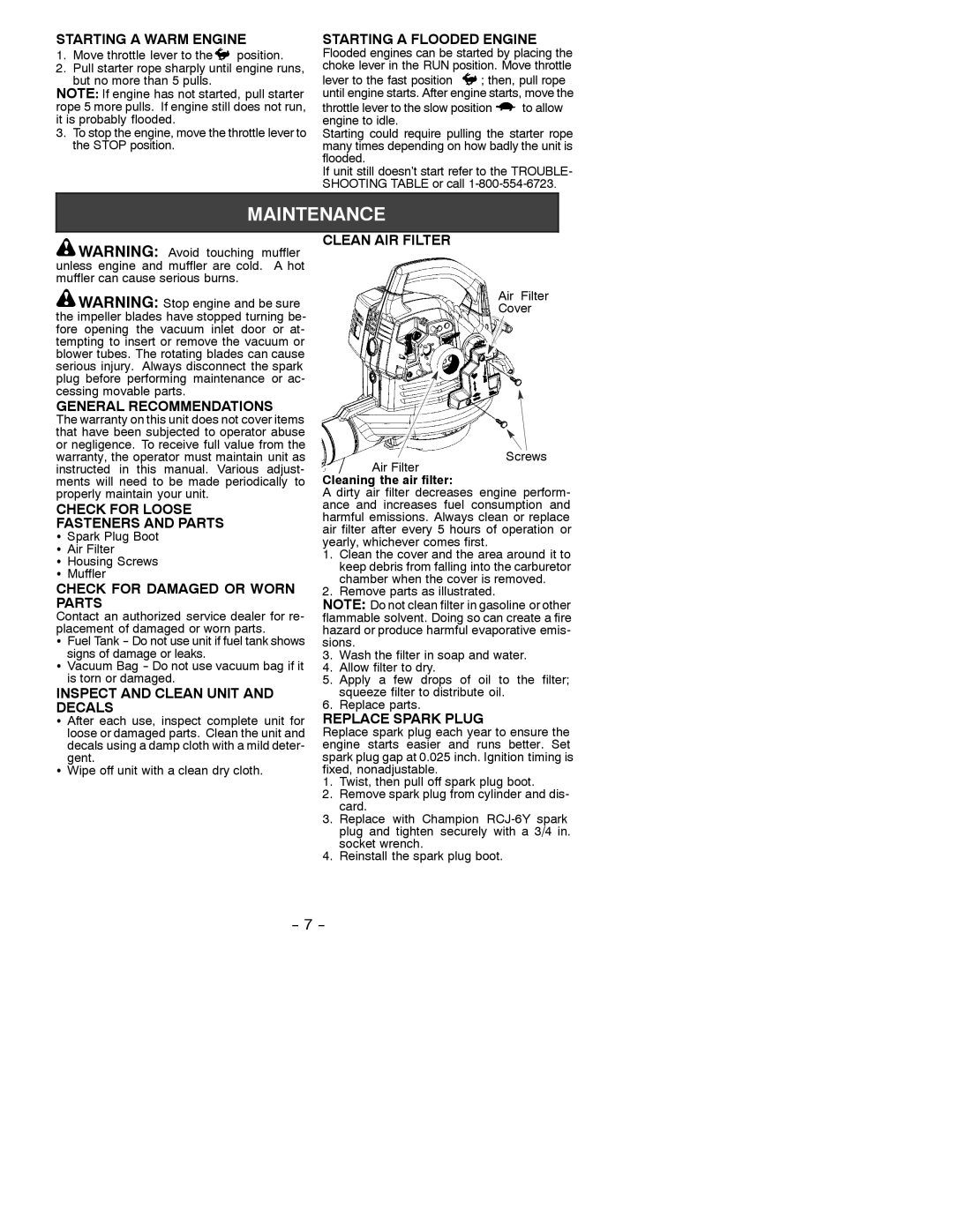 Poulan BVM200 Starting a Warm Engine, Starting a Flooded Engine, General Recommendations, Clean AIR Filter 