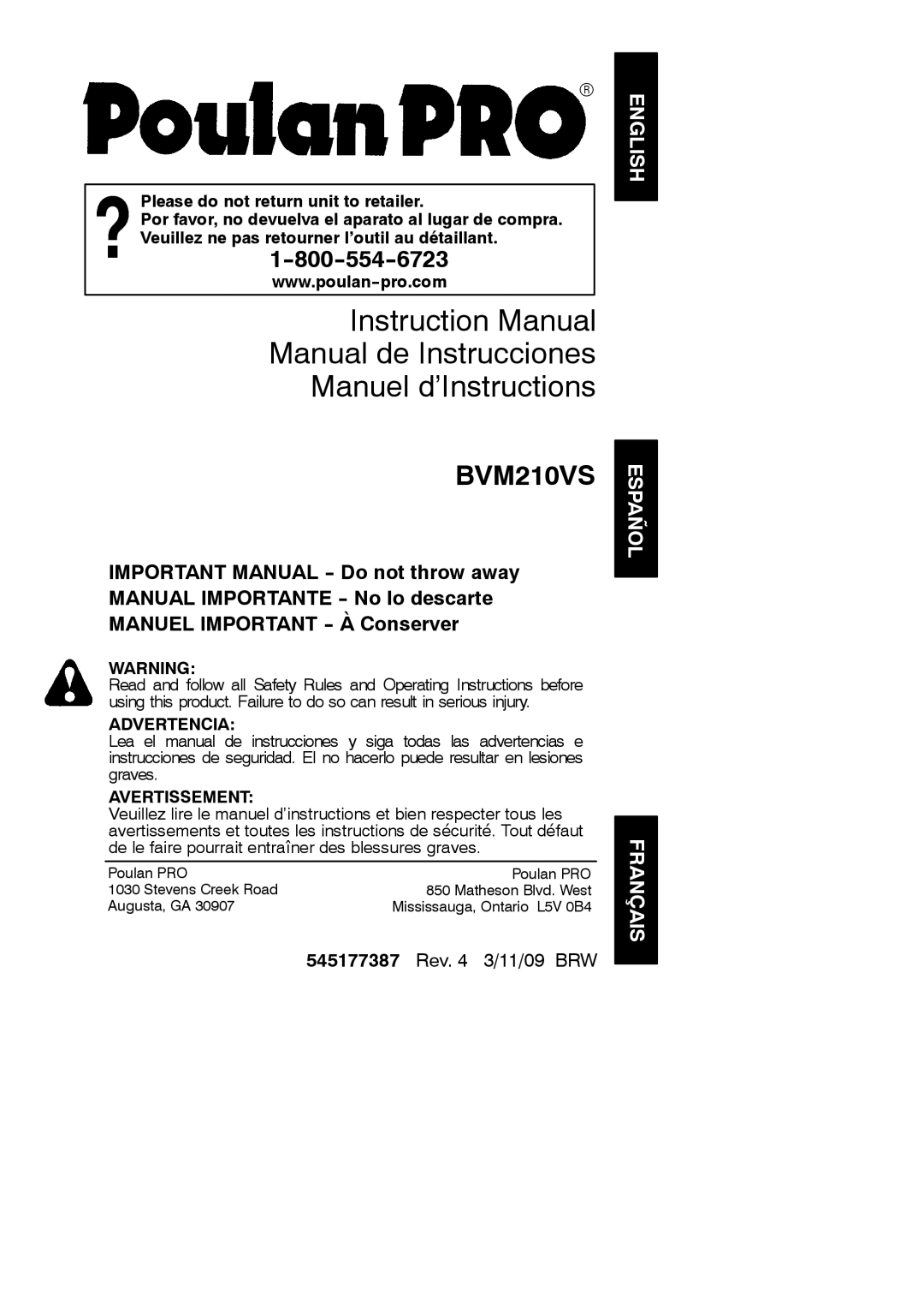 Poulan BVM210VS instruction manual Manual de Instrucciones Manuel d’Instructions, English Español Français 