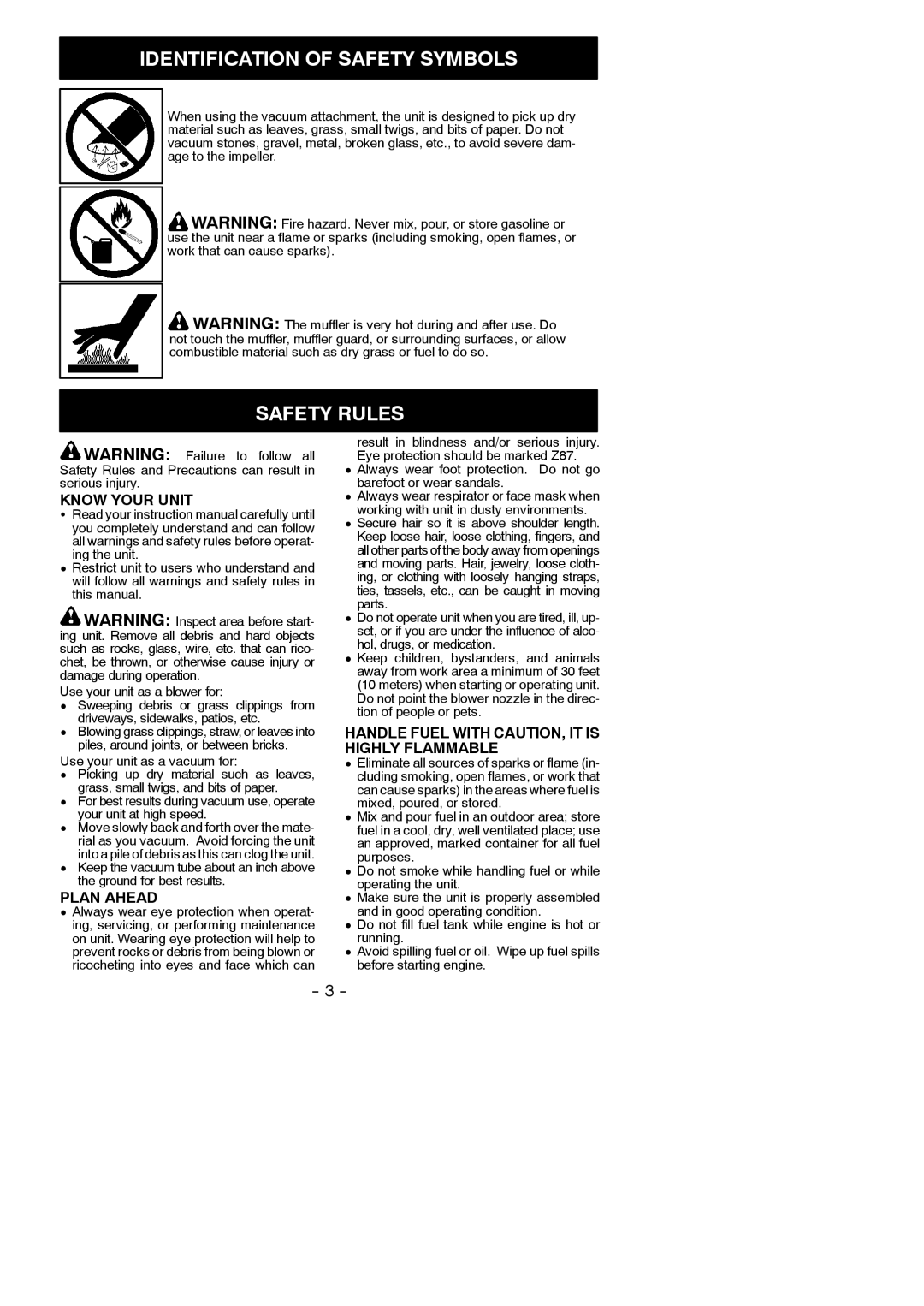 Poulan BVM210VS Safety Rules, Know Your Unit, Plan Ahead, Handle Fuel with CAUTION, IT is Highly Flammable 