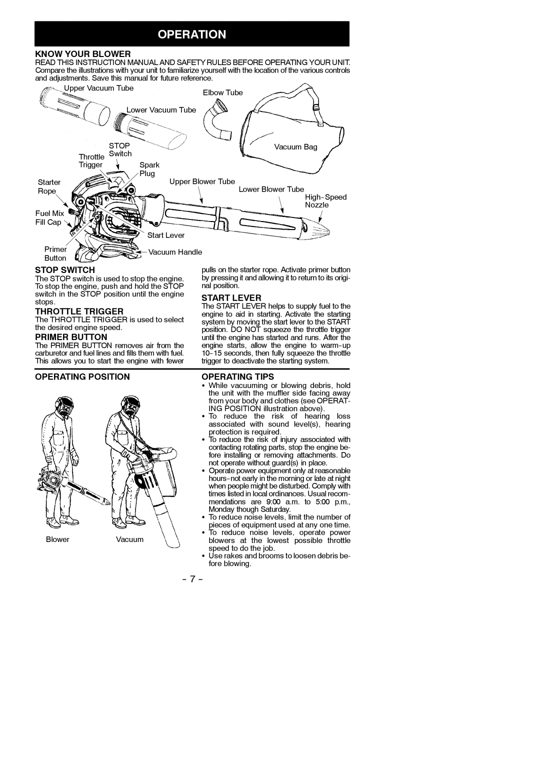 Poulan BVM210VS instruction manual Operation 