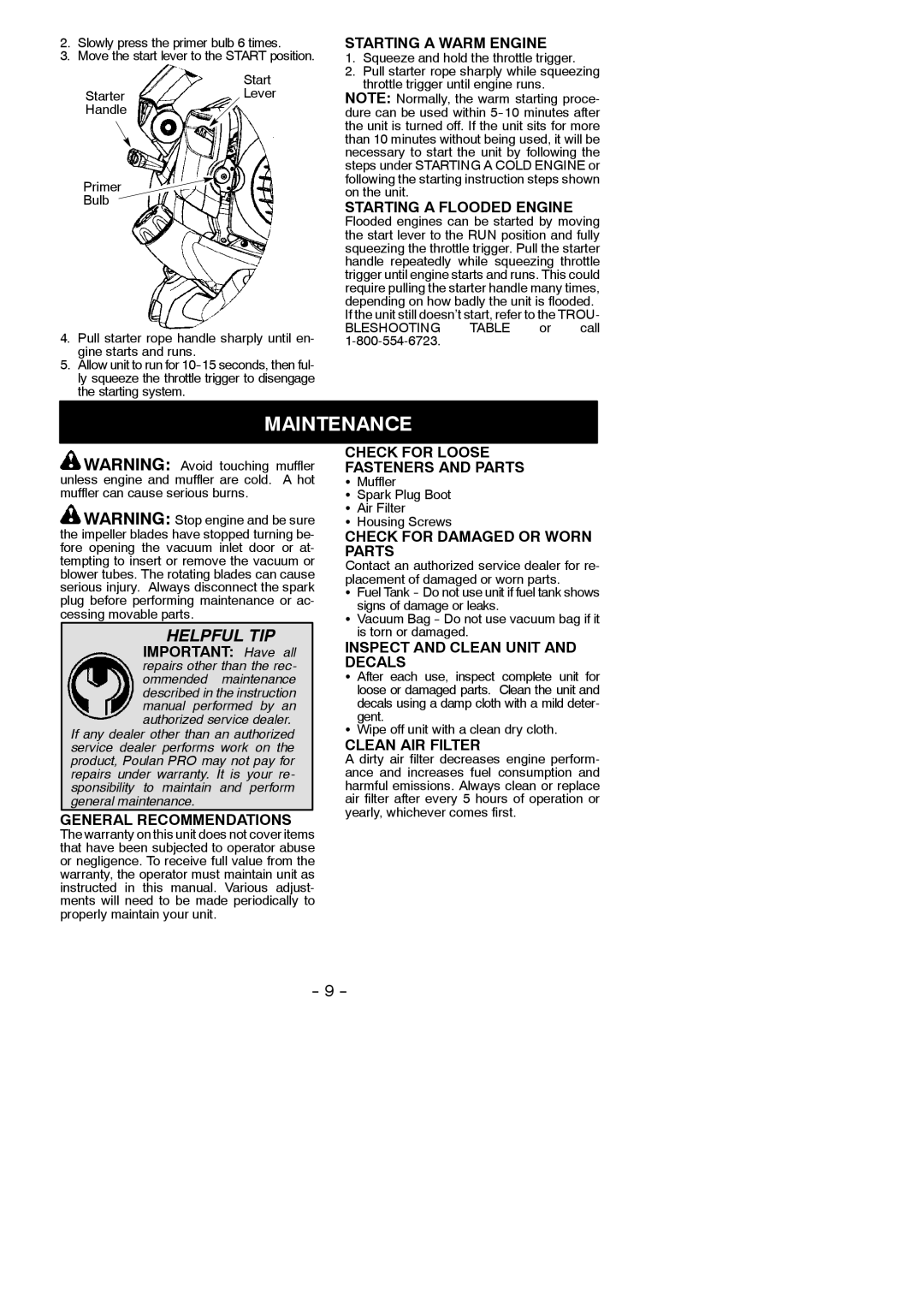 Poulan BVM210VS instruction manual Maintenance 