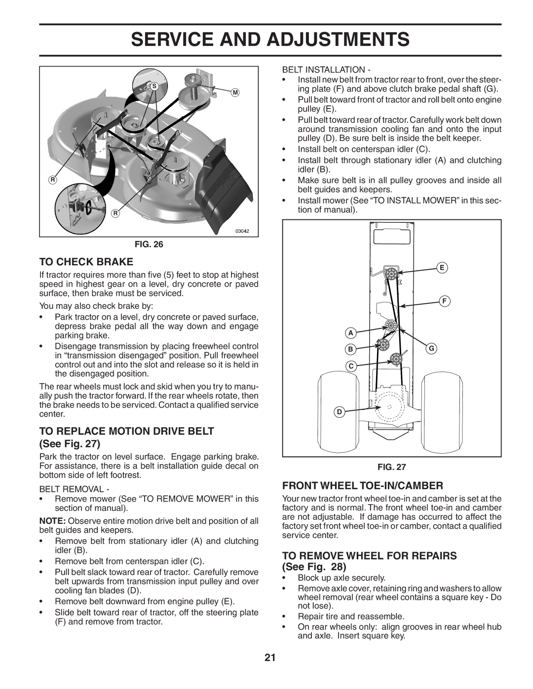 Poulan C20H42YT manual To Check Brake, To Replace Motion Drive Belt See Fig, Front Wheel TOE-IN/CAMBER 