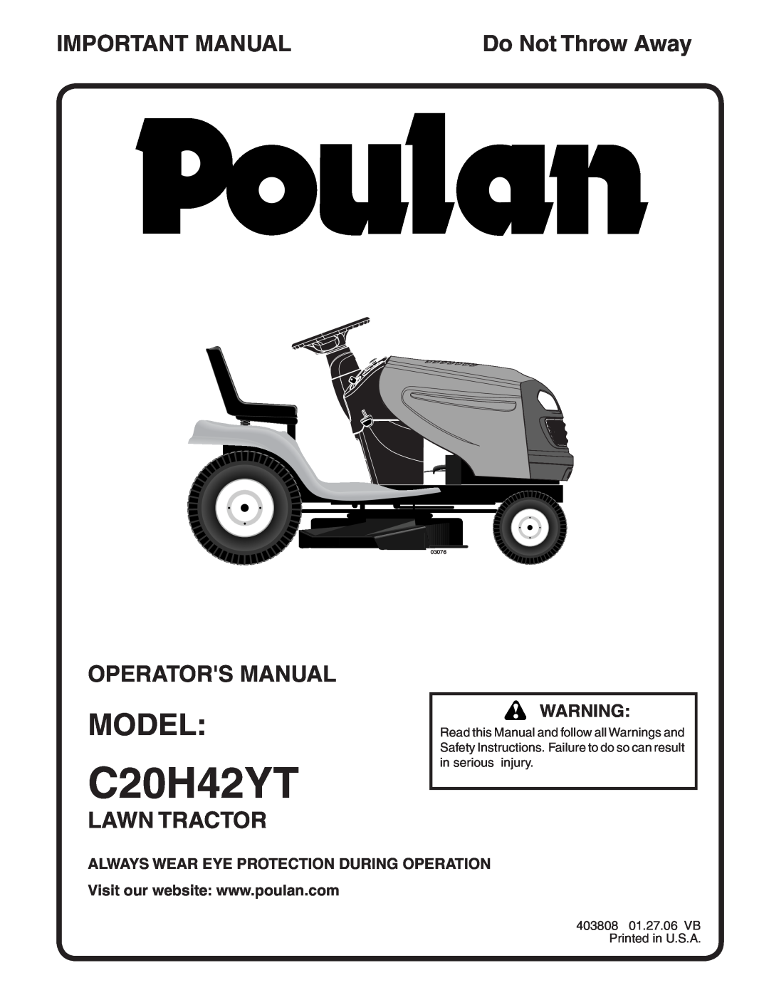 Poulan C20H42YT manual Model, Important Manual, Operators Manual, Lawn Tractor, Do Not Throw Away, 03076 