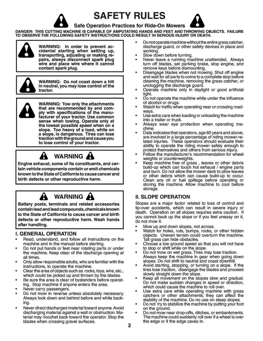Poulan C20H42YT manual Safety Rules, Safe Operation Practices for Ride-OnMowers, I. General Operation, Ii. Slope Operation 