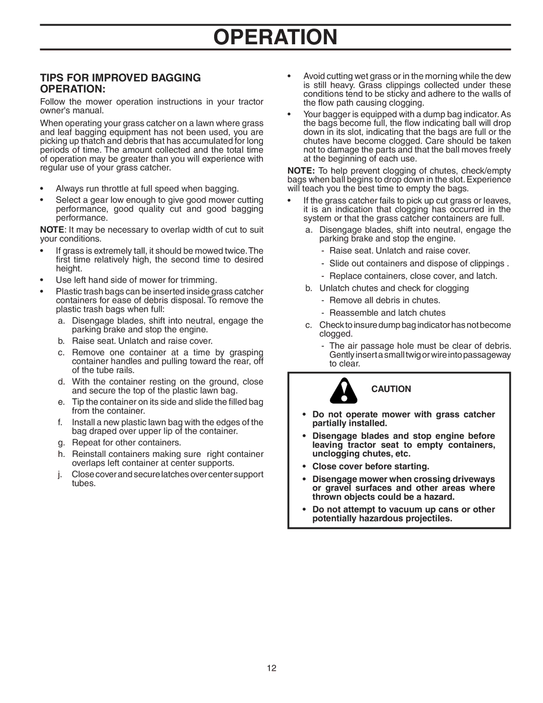 Poulan C342B, 954 04 05-03, 156235 owner manual Tips for Improved Bagging Operation 