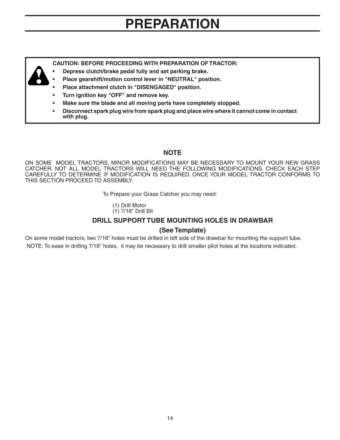 Poulan 156235, C342B, 954 04 05-03 owner manual Preparation, Drill Support Tube Mounting Holes in Drawbar, See Template 