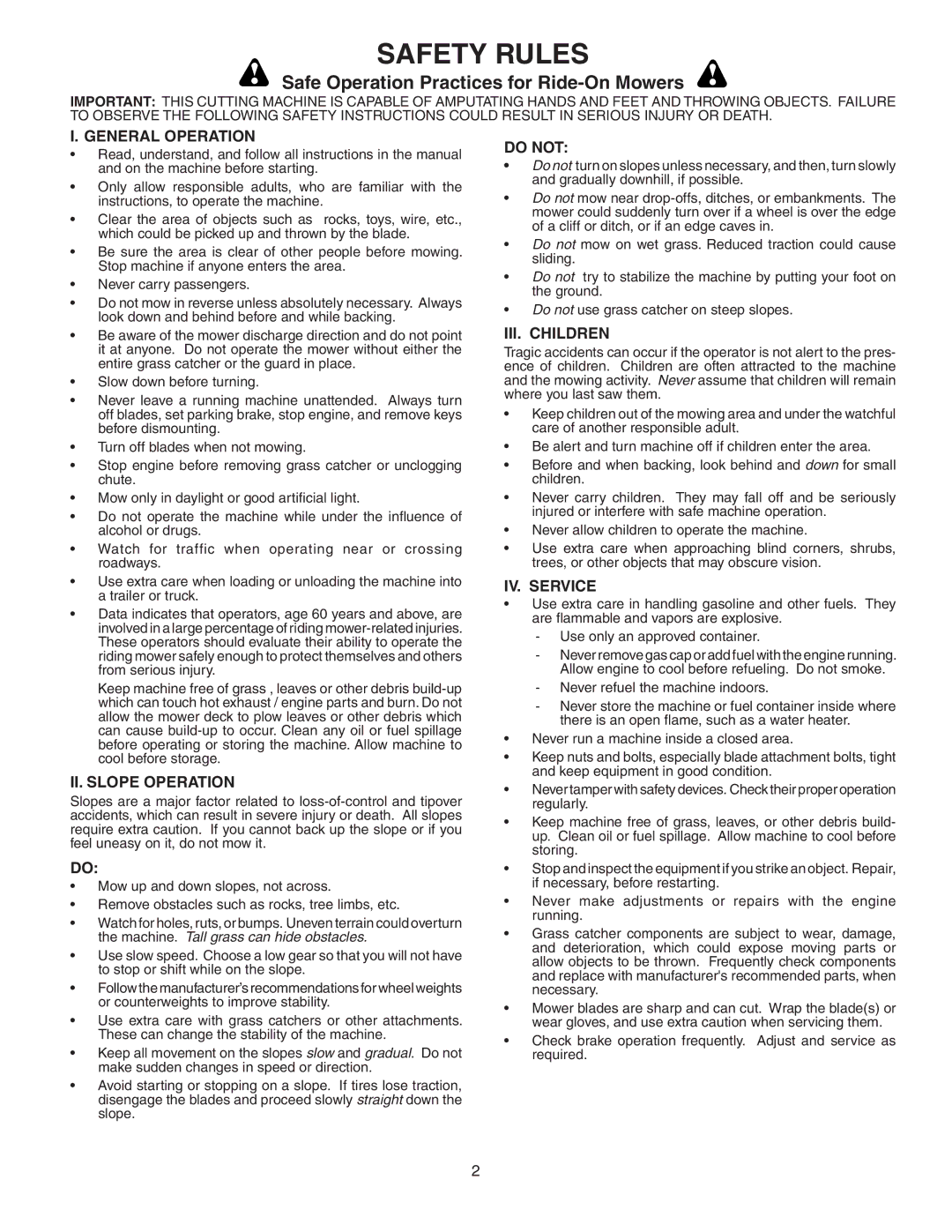 Poulan 156235, C342B, 954 04 05-03 owner manual Safe Operation Practices for Ride-On Mowers 