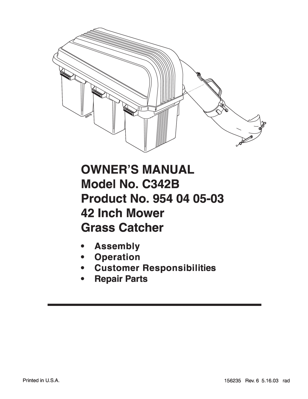 Poulan 954 04 05-03 owner manual Inch Mower Grass Catcher, •Assembly •Operation •Customer Responsibilities, Repair Parts 