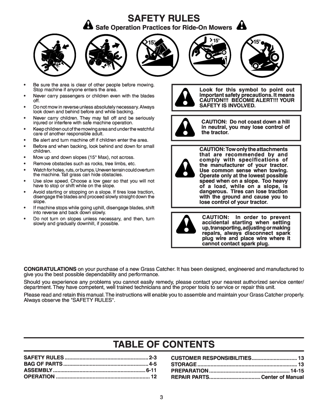 Poulan C342B, 954 04 05-03, 156235 owner manual Table Of Contents, Safety Rules, Safe Operation Practices for Ride-OnMowers 