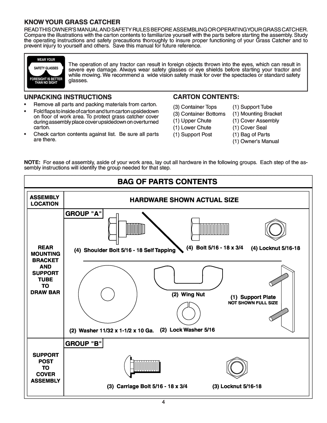 Poulan 954 04 05-03 Bag Of Parts Contents, Know Your Grass Catcher, Unpacking Instructions, Carton Contents, Group A 