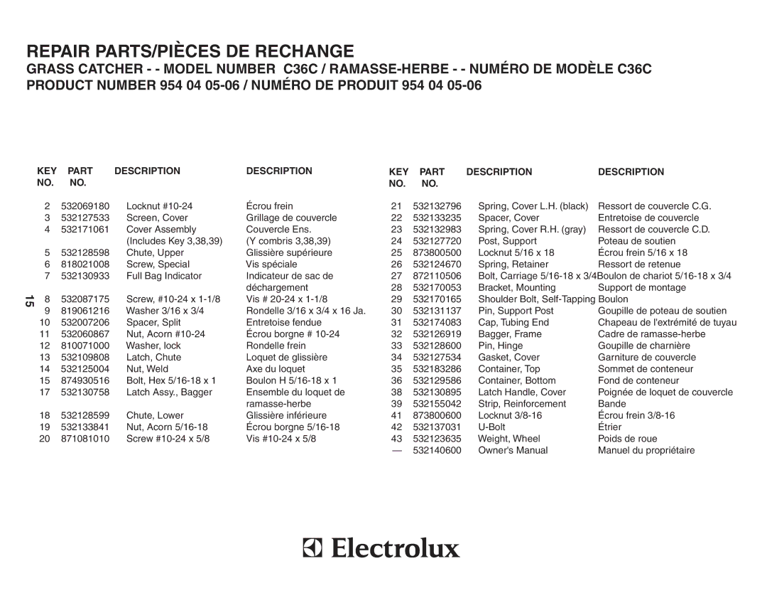 Poulan C36C, 532140600, 954 04 05-06 owner manual KEY Part Description, Description KEY Part 